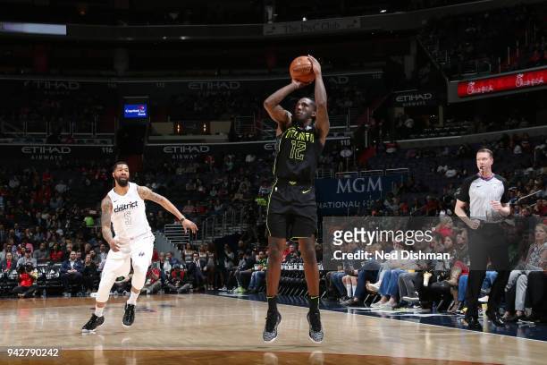 Taurean Prince of the Atlanta Hawks shoots the ball against the Washington Wizards on April 6, 2018 at Capital One Arena in Washington, DC. NOTE TO...