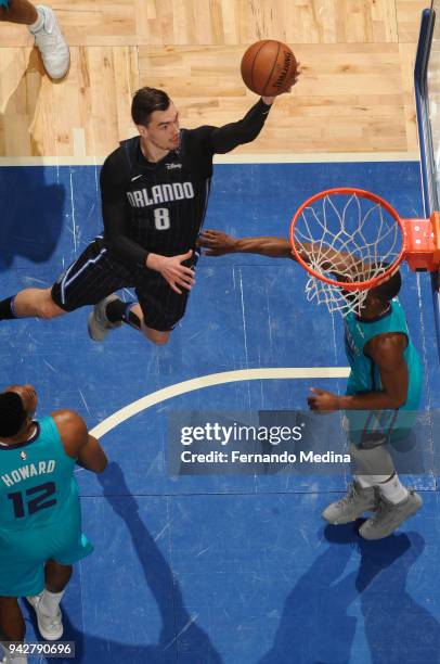 Mario Hezonja of the Orlando Magic shoots the ball against the Charlotte Hornets on April 6, 2018 at Amway Center in Orlando, Florida. NOTE TO USER:...