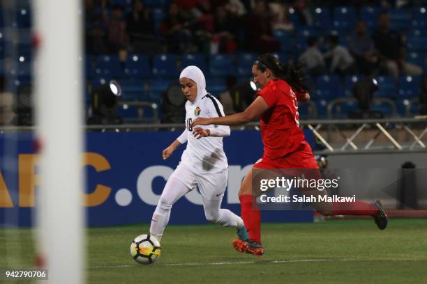 Ryley BUGAY of Philippines competes with Shahnaz JEBREEN of Jordan during their match for the AFC Womenâs Asian Cup Jordan 2018, in Amman, Jordan on...