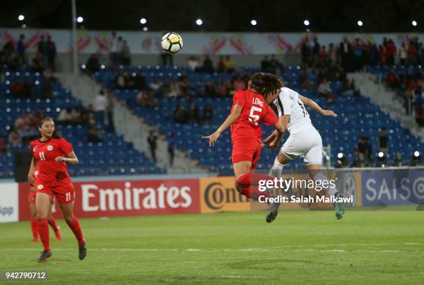 Hali LONG of Philippines competes with Maysa JBARAH of Jordan during their match for the AFC Womenâs Asian Cup Jordan 2018, in Amman, Jordan on April...