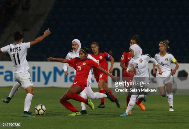 Quinley QUEZADA of Philippines competes with Maysa JBARAH of Jordan during their match for the AFC Womenâs Asian Cup Jordan 2018, in Amman, Jordan on...
