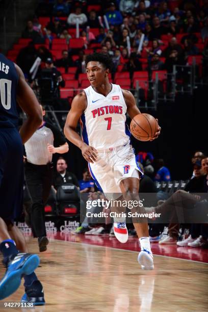 Stanley Johnson of the Detroit Pistons handles the ball against the Dallas Mavericks on April 6, 2018 at Little Caesars Arena in Detroit, Michigan....