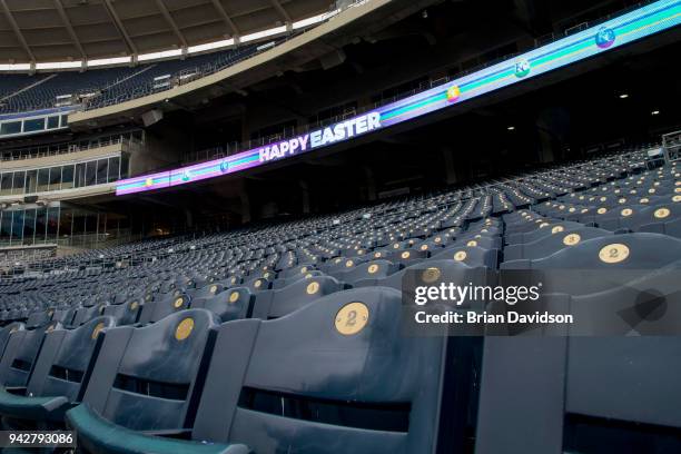 General view of seats at Kauffman Stadium on Easter, April 1, 2018 in Kansas City, Missouri. The scheduled game between the Chicago White Sox and the...