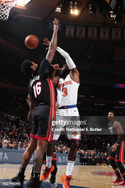 Tim Hardaway Jr. #3 of the New York Knicks passes the ball against the Miami Heat on April 6, 2018 at Madison Square Garden in New York City, New...