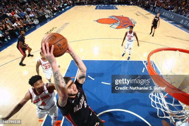 Tyler Johnson of the Miami Heat goes to the basket against the New York Knicks on April 6, 2018 at Madison Square Garden in New York City, New York....