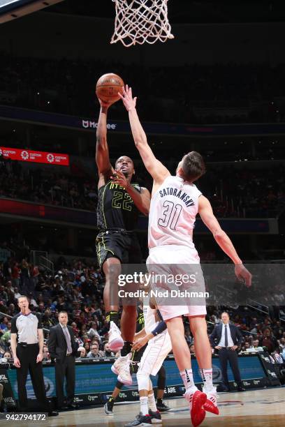 Isaiah Taylor of the Atlanta Hawks goes to the basket against the Washington Wizards on April 6, 2018 at Capital One Arena in Washington, DC. NOTE TO...