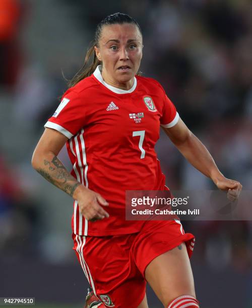 Natasha Harding of Wales during the Women's World Cup Qualifier between England and Wales at St Mary's Stadium on April 6, 2018 in Southampton,...
