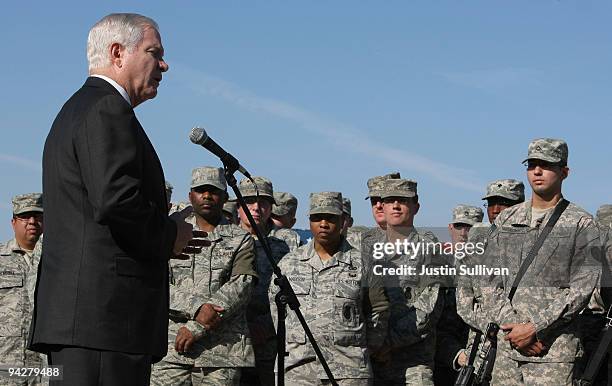 Secretary of Defense Robert Gates speaks to soldiers at F.O.B. Warrior December 11, 2009 in Kirkuk, Iraq. Secretary Gates stopped in Iraq following a...