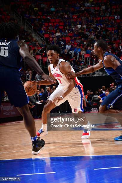 Stanley Johnson of the Detroit Pistons handles the ball against the Dallas Mavericks on April 6, 2018 at Little Caesars Arena in Detroit, Michigan....