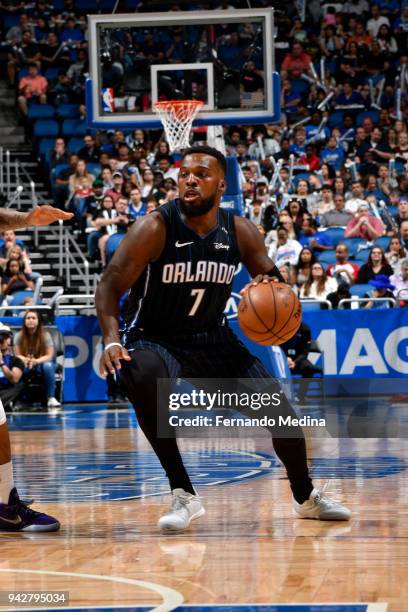 Shelvin Mack of the Orlando Magic handles the ball against the Charlotte Hornets on April 6, 2018 at Amway Center in Orlando, Florida. NOTE TO USER:...