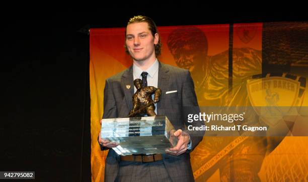Adam Gaudette of the Northeastern University Huskies wins the 2018 Hobey Baker Memorial Award at the Roy Wilkins Auditorium on April 6, 2018 in St....