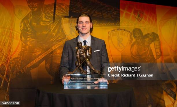 Adam Gaudette of the Northeastern University Huskies wins the 2018 Hobey Baker Memorial Award at the Roy Wilkins Auditorium on April 6, 2018 in St....