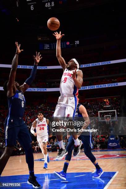Langston Galloway of the Detroit Pistons handles the ball against the Dallas Mavericks on April 6, 2018 at Little Caesars Arena in Detroit, Michigan....