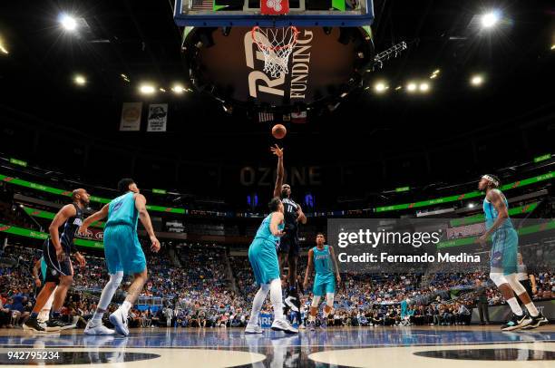 Bismack Biyombo of the Orlando Magic shoots the ball against the Charlotte Hornets on April 6, 2018 at Amway Center in Orlando, Florida. NOTE TO...
