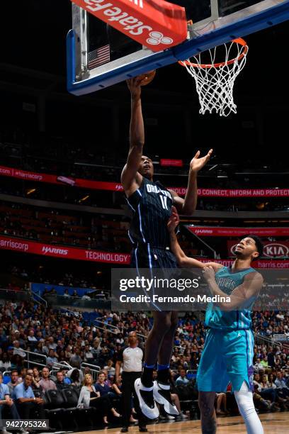 Bismack Biyombo of the Orlando Magic shoots the ball against the Charlotte Hornets on April 6, 2018 at Amway Center in Orlando, Florida. NOTE TO...