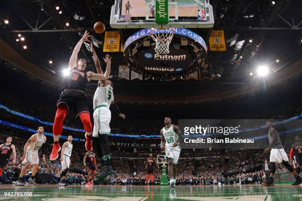 Omer Asik of the Chicago Bulls shoots the ball during the game against the Boston Celtics on April 6, 2018 at the TD Garden in Boston, Massachusetts....