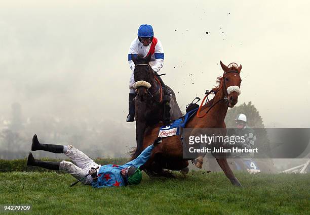 Ken Whelan parts company with Royal County Star during The Glenfarclas cross Country Handicap Steepler Chase Race run at Cheltenham Racecourse on...