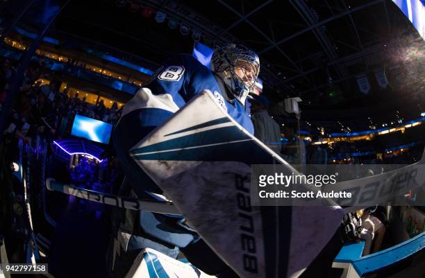 Goalie Andrei Vasilevskiy of the Tampa Bay Lightning steps out to the ice for the pregame warm ups against the Buffalo Sabres at Amalie Arena on...