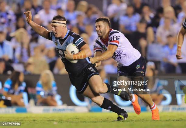 Paul Gallen of the Sharks is tackled by James Tedesco of the Roosters during the round five NRL match between the Cronulla Sharks and the Sydney...