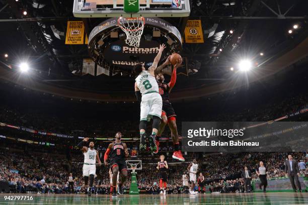 Sean Kilpatrick of the Chicago Bulls drives to the basket during the game against the Boston Celtics on April 6, 2018 at the TD Garden in Boston,...