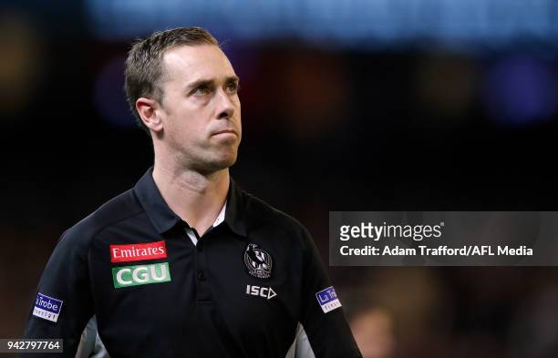 Nick Maxwell, Assistant Coach of the Magpies looks on during the 2018 AFL round 03 match between the Carlton Blues and the Collingwood Magpies at the...