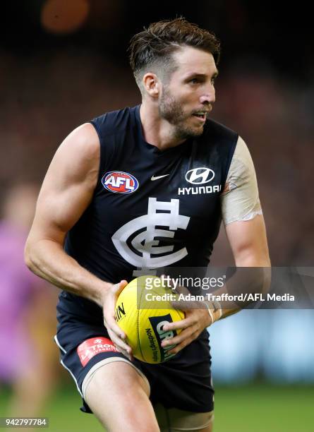Dale Thomas of the Blues in action during the 2018 AFL round 03 match between the Carlton Blues and the Collingwood Magpies at the Melbourne Cricket...