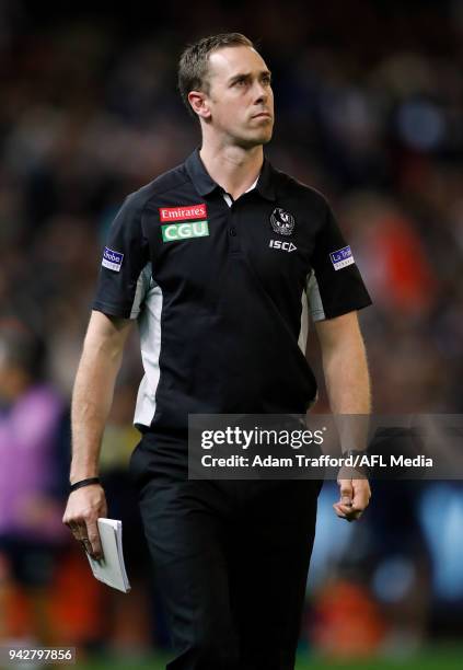 Nick Maxwell, Assistant Coach of the Magpies looks on during the 2018 AFL round 03 match between the Carlton Blues and the Collingwood Magpies at the...