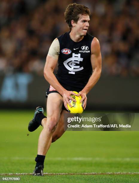 Paddy Dow of the Blues in action during the 2018 AFL round 03 match between the Carlton Blues and the Collingwood Magpies at the Melbourne Cricket...