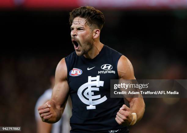 Levi Casboult of the Blues celebrates a goal during the 2018 AFL round 03 match between the Carlton Blues and the Collingwood Magpies at the...