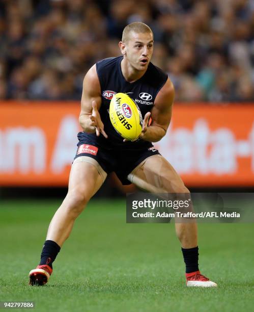 Liam Jones of the Blues in action during the 2018 AFL round 03 match between the Carlton Blues and the Collingwood Magpies at the Melbourne Cricket...