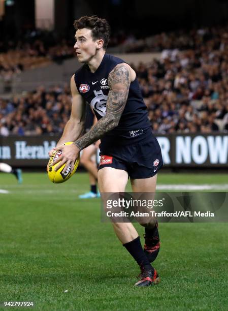 Aaron Mullett of the Blues in action during the 2018 AFL round 03 match between the Carlton Blues and the Collingwood Magpies at the Melbourne...