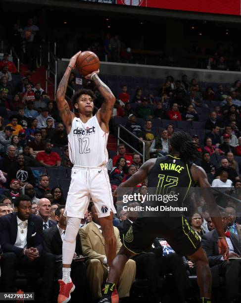 Kelly Oubre Jr. #12 of the Washington Wizards shoots the ball against the Atlanta Hawks on April 6, 2018 at Capital One Arena in Washington, DC. NOTE...