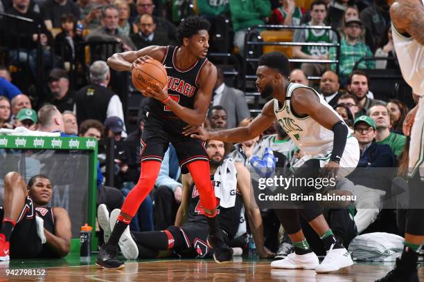 Justin Holiday of the Chicago Bulls jocks for a position during the game against the Boston Celtics on April 6, 2018 at the TD Garden in Boston,...