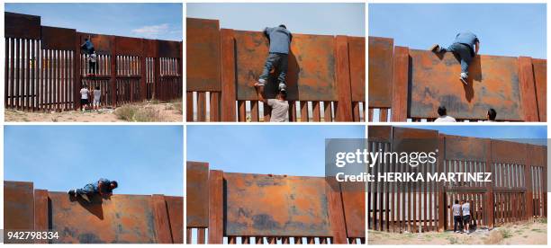 This combination of pictures created on April 6, 2018 shows a group of young Mexicans helping a compatriot migrant to climb the metal wall that...