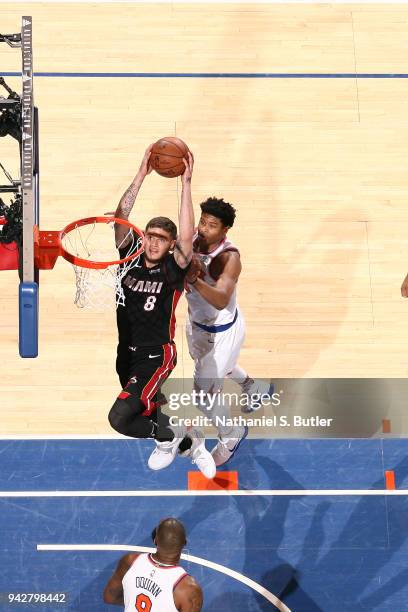 Tyler Johnson of the Miami Heat goes to the basket against the New York Knicks on April 6, 2018 at Madison Square Garden in New York City, New York....