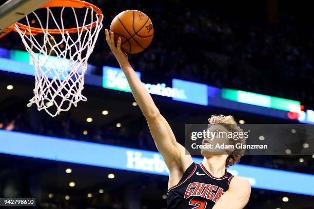 Lauri Markkanen of the Chicago Bulls shoots the ball during a game against the Boston Celtics at TD Garden on April 6, 2018 in Boston, Massachusetts....