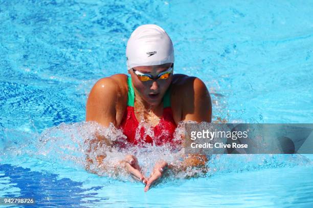 Chloe Tutton of Wales competes during the Women's 200m Breaststroke - Heat 2 on day three of the Gold Coast 2018 Commonwealth Games at Optus Aquatic...