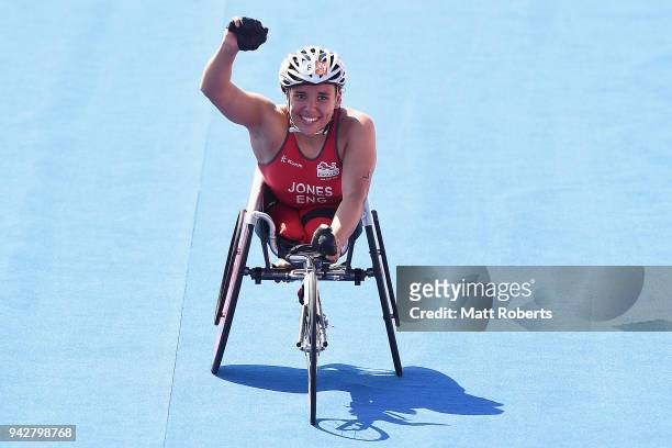 Jade Jones of England celebrates winning the Triathlon Women's PTWC Final on day three of the Gold Coast 2018 Commonwealth Games at Southport...