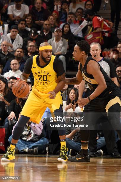 Trevor Booker of the Indiana Pacers handles the ball against the Toronto Raptors on April 6, 2018 at the Air Canada Centre in Toronto, Ontario,...