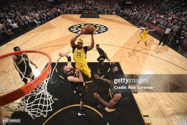 Trevor Booker of the Indiana Pacers goes to the basket against the Toronto Raptors on April 6, 2018 at the Air Canada Centre in Toronto, Ontario,...