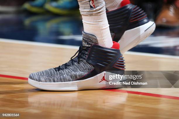 The sneakers of Otto Porter Jr. #22 of the Washington Wizards are seen during the game against the Atlanta Hawks on April 6, 2018 at Capital One...