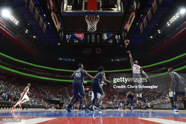 Reggie Jackson of the Detroit Pistons shoots the ball against the Dallas Mavericks on April 6, 2018 at Little Caesars Arena in Detroit, Michigan....