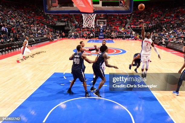 Reggie Jackson of the Detroit Pistons shoots the ball against the Dallas Mavericks on April 6, 2018 at Little Caesars Arena in Detroit, Michigan....