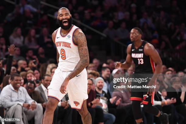 Kyle O'Quinn of the New York Knicks reacts during the game against the Miami Heat at Madison Square Garden on April 6, 2018 in New York City. NOTE TO...