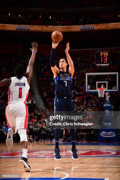 Dwight Powell of the Dallas Mavericks shoots the ball against the Detroit Pistons on April 6, 2018 at Little Caesars Arena in Detroit, Michigan. NOTE...