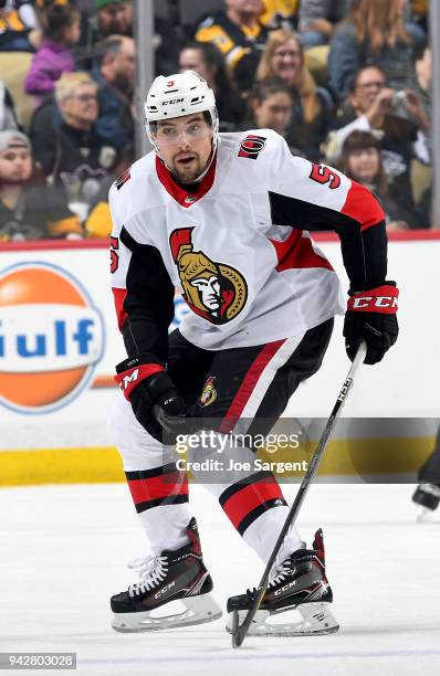 Cody Ceci of the Ottawa Senators in action against the Pittsburgh Penguins at PPG Paints Arena on April 6, 2018 in Pittsburgh, Pennsylvania.