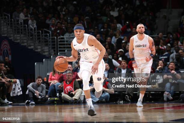 Tim Frazier of the Washington Wizards brings the ball up court against the Atlanta Hawks on April 6, 2018 at Capital One Arena in Washington, DC....