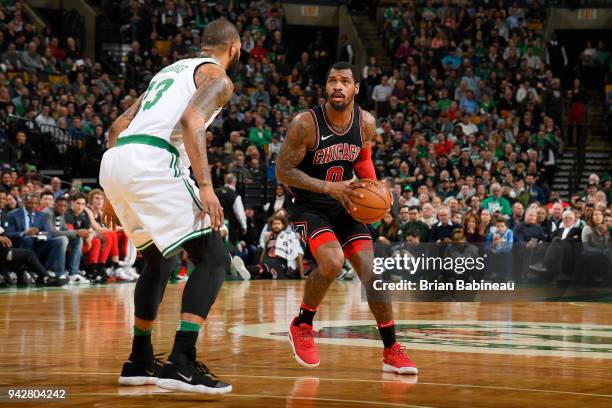 Sean Kilpatrick of the Chicago Bulls handles the ball during the game against the Boston Celtics on April 6, 2018 at the TD Garden in Boston,...