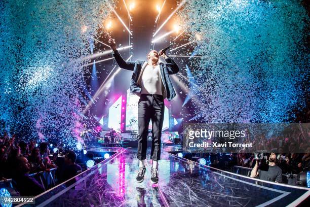 Dan Reynolds of Imagine Dragons performs in concert at Palau Sant Jordi on April 6, 2018 in Barcelona, Spain.