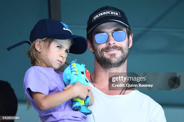 Actor Chris Hemsworth and daughter India Rose Hemsworth attend the swimming on day three of the Gold Coast 2018 Commonwealth Games at Optus Aquatic...